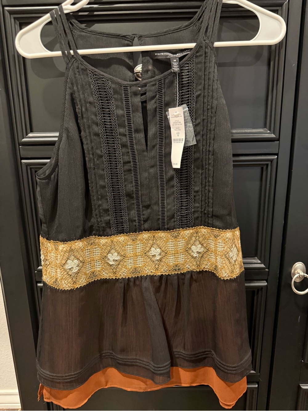 White House Black Market Black Dress with Gold and Rust Trim